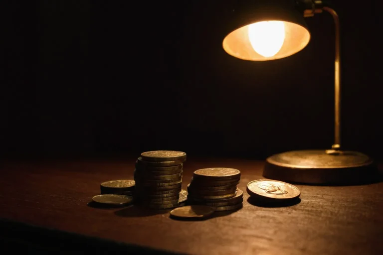 暗い机に積まれた真鍮のコインと眼鏡。料金の実数を落ち着いて確かめるイメージ