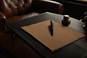 暗いオフィスの重役椅子とデスクに置かれた万年筆。指示する側の立場を表した比喩