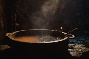 露天風呂の縁に置かれた手桶と、湯面から立ちのぼる湯気。温泉・旅館ものを表した比喩