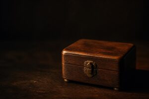 暗い机に置かれた小さな古いオルゴール。蓋は閉じている。ピークが過去にあるジャンルの比喩