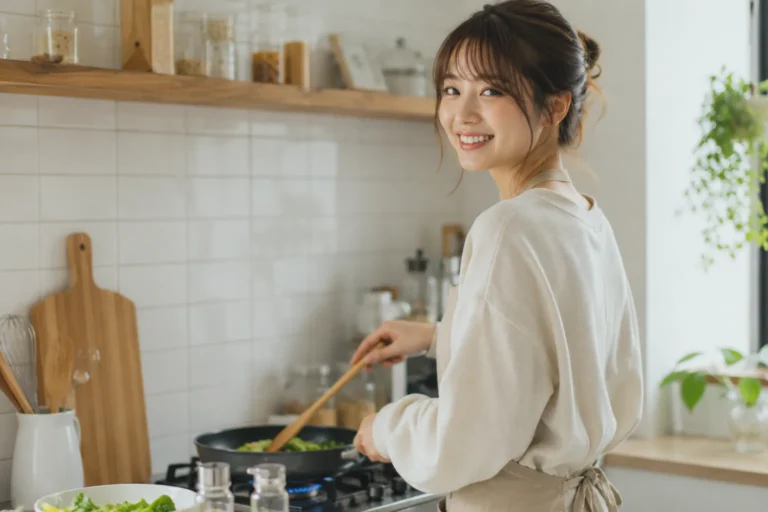 キッチンで料理をする若い女性。人妻という設定と実際の年齢感のギャップを表したイメージ