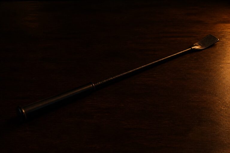 暗い机に斜めに置かれた黒革の鞭。責める側という役割の比喩