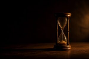 砂がほぼ落ちきった砂時計。作品数のピークが過去にあることの比喩