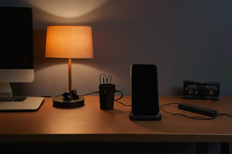 暗い机に立てたスマートフォンと、そばに置かれたイヤホン。手元の端末で見るときのイメージ